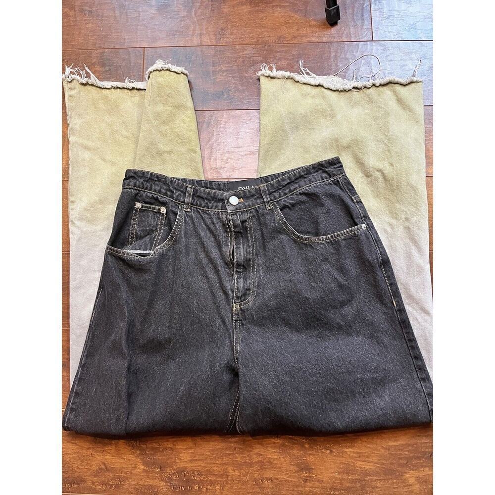 By.Dyln Womens Black Gree Ombré Wide Leg Fray Jeans Size L READ BELOW FLAWED